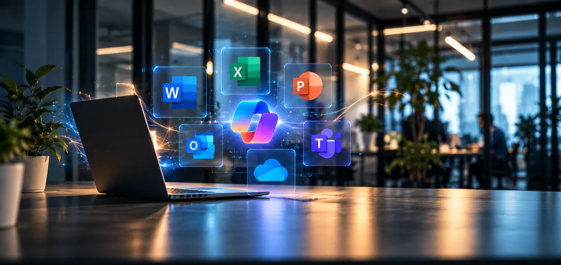 Microsoft 365 für Unternehmen: Laptop mit den Symbolen von Word, Excel, Outlook, Teams und OneDrive