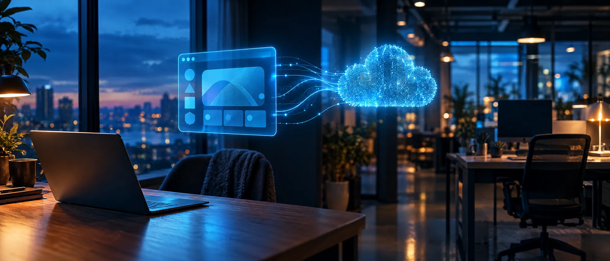 Cloud-Arbeitsplatz: Laptop im Homeoffice, darüber ein leuchtendes Desktop-Fenster, das mit einer Cloud verbunden ist