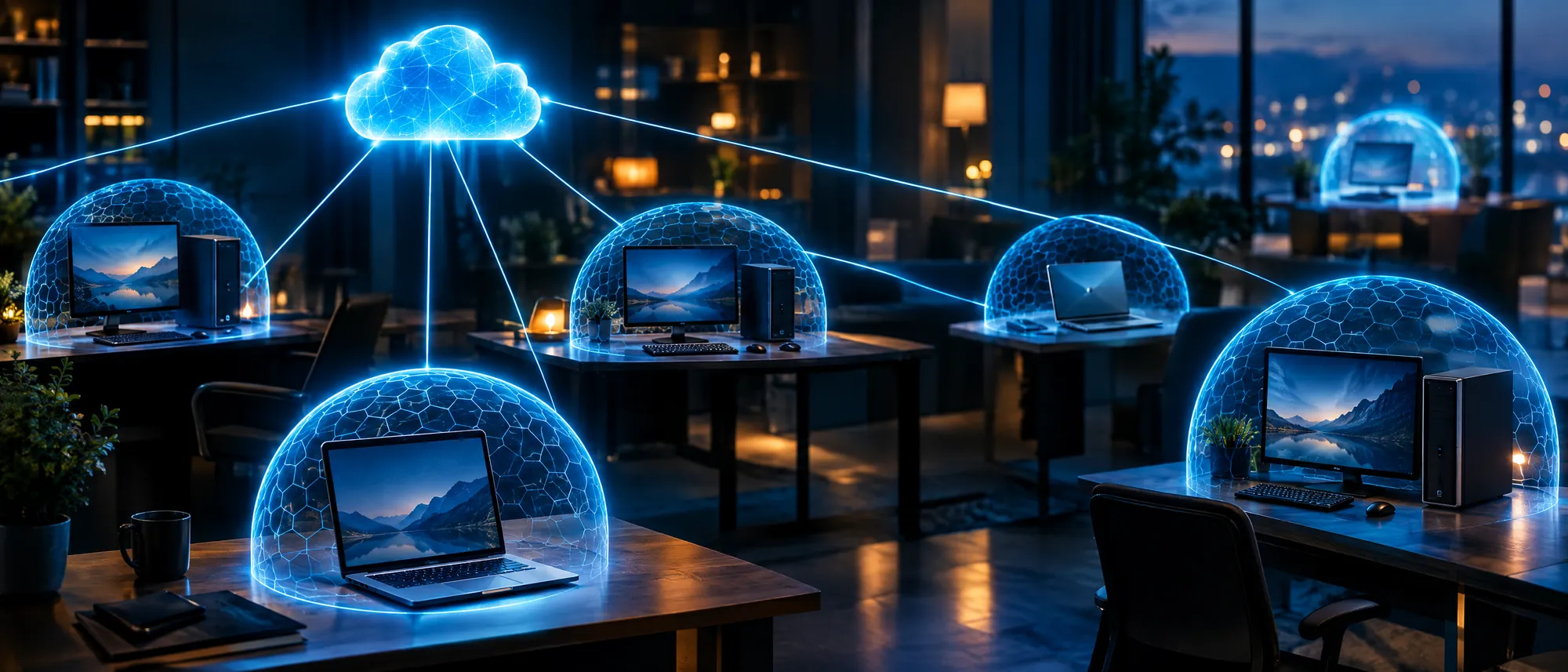 Firewall in der Cloud: Rechner im Büro und im Homeoffice unter leuchtenden Schutzkuppeln, zentral mit einer Cloud verbunden