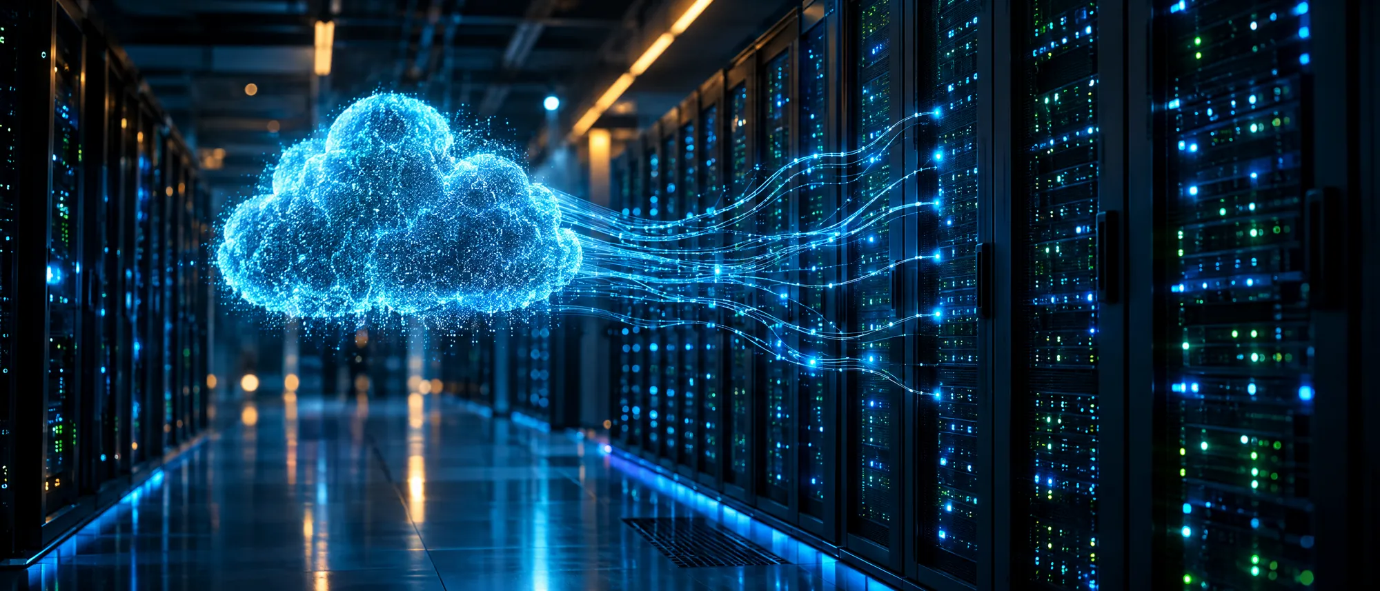 Cloud-Server: Serverreihen im Rechenzentrum, verbunden mit einer leuchtenden Cloud