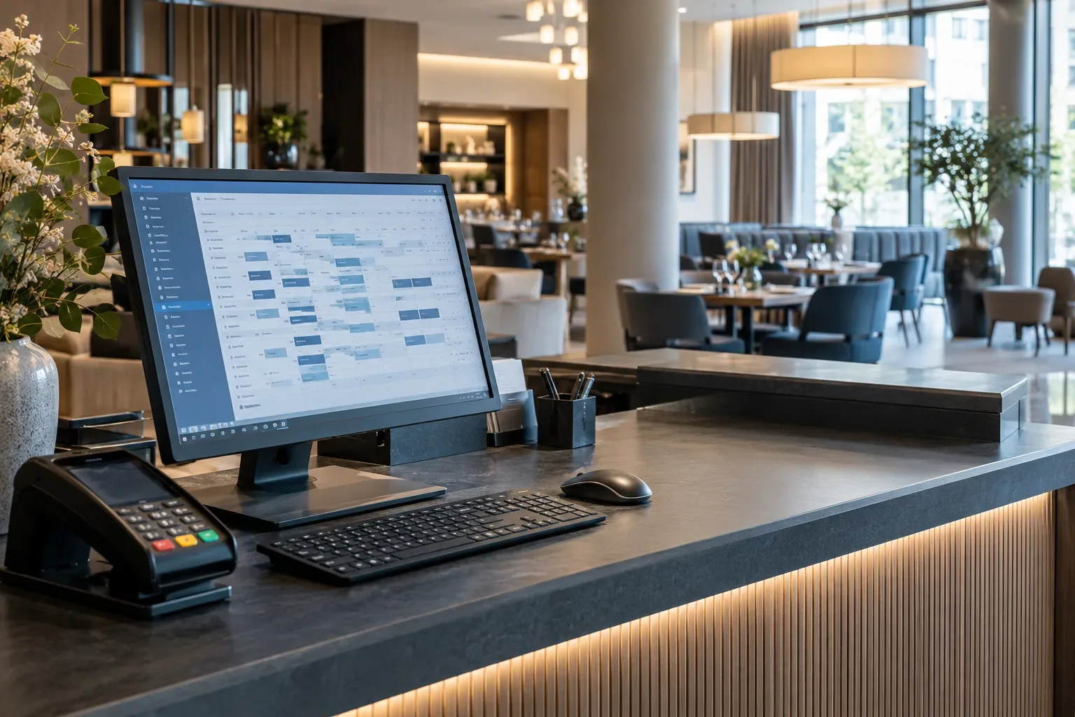 IT für Hotels und Gastronomie: Rezeption mit Belegungsplan am Bildschirm und Kartenterminal