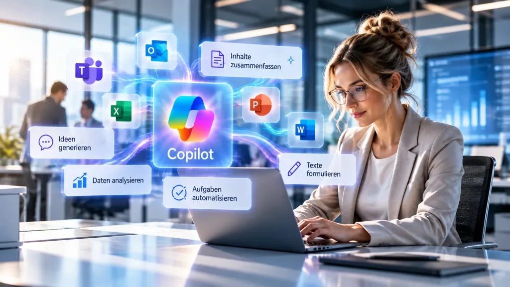 Microsoft Copilot einführen: Frau am Laptop, daneben das Copilot-Symbol mit Aufgaben wie Inhalte zusammenfassen, Texte formulieren und Daten analysieren