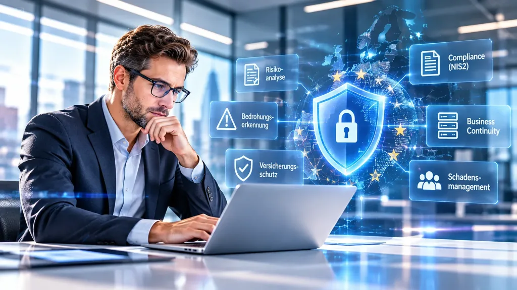 Cyberversicherung Anforderungen: Mann am Laptop, daneben ein Sicherheitsschild mit Stichworten wie Risikoanalyse, Versicherungsschutz und Schadensmanagement