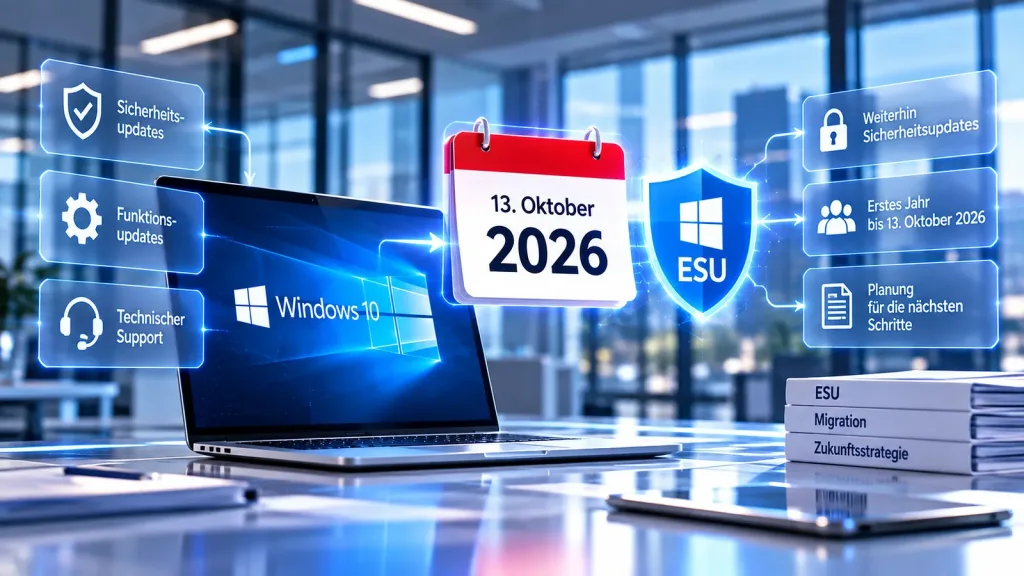 Windows 10 ESU: Laptop mit Windows 10, daneben ein Kalenderblatt „13. Oktober 2026“ und ein ESU-Schild mit Hinweisen zu Sicherheitsupdates und Planung