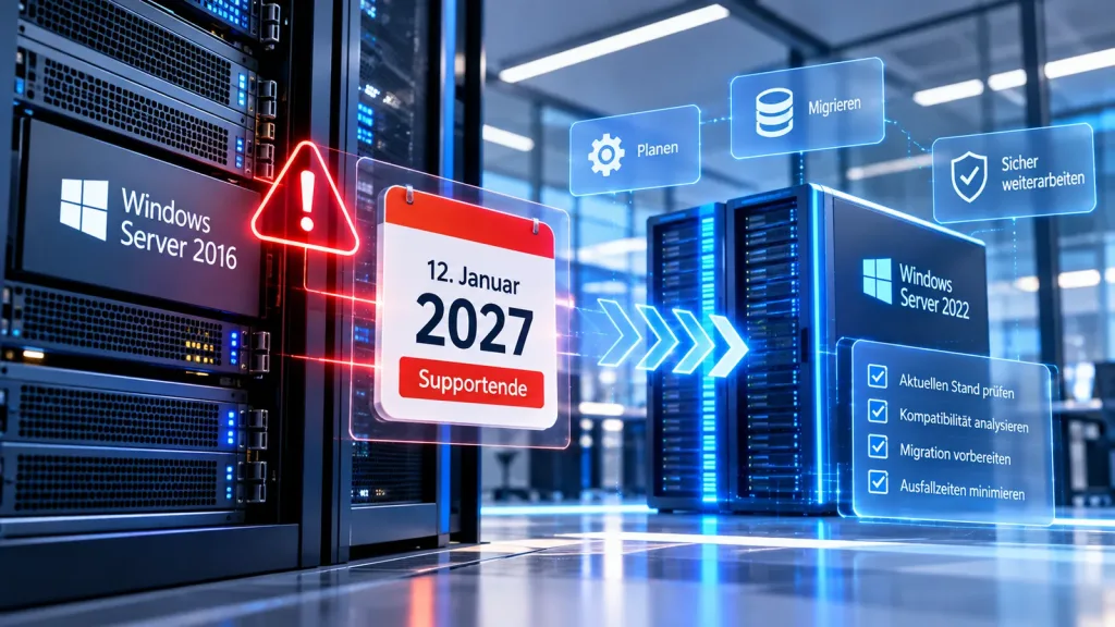 Windows Server 2016 Supportende: Serverschrank mit Warnhinweis und Kalenderblatt „12. Januar 2027“, Pfeile zeigen den Umzug auf einen neuen Server
